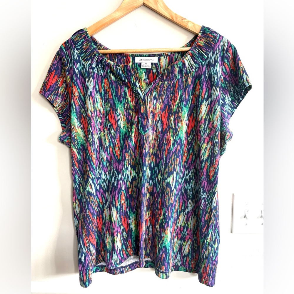 Liz Claiborne bright short sleeve multicolored blouse top Size XL